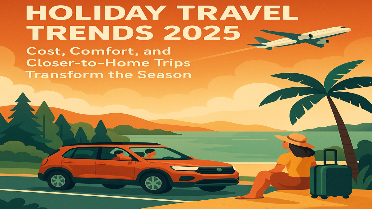 Holiday Travel Trends 2025: Cost, Comfort, and Closer-to-Home Trips - Illustration showing domestic road trip with orange car, tropical beach, palm tree, and airplane representing diverse travel options